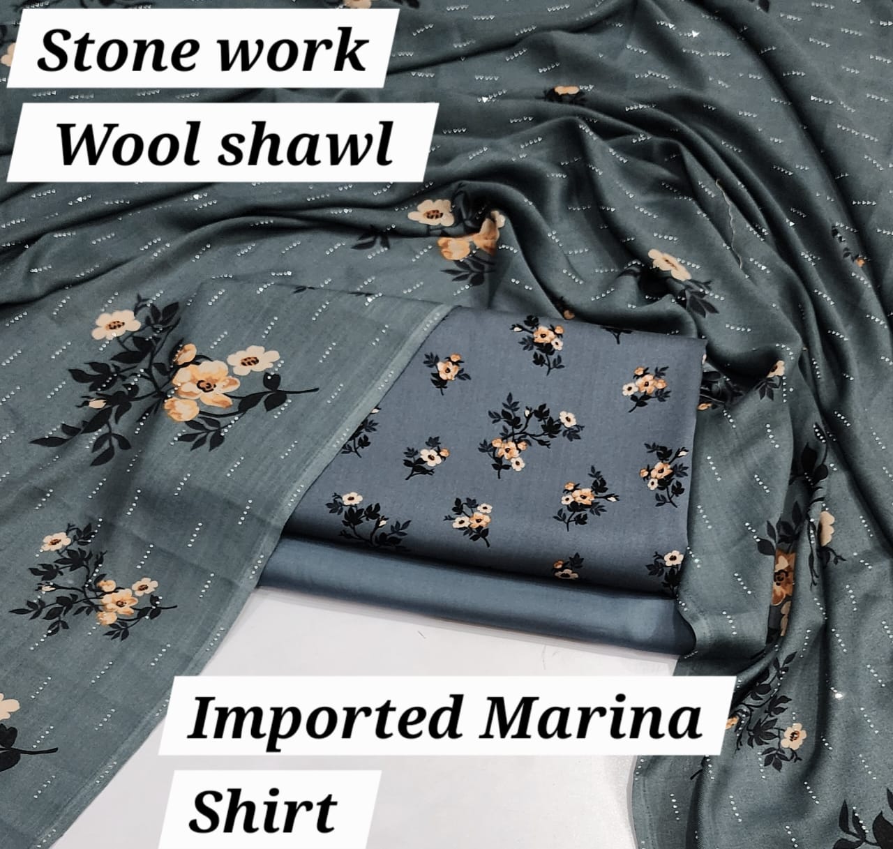 Premium Marina Stone-Work Shawl 3-Piece Suit