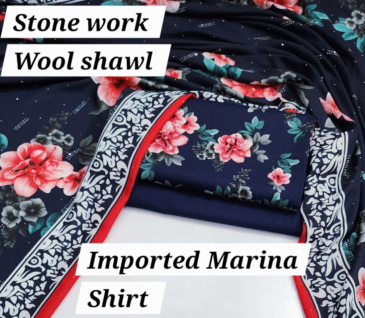 Premium Marina Stone-Work Shawl 3-Piece Suit